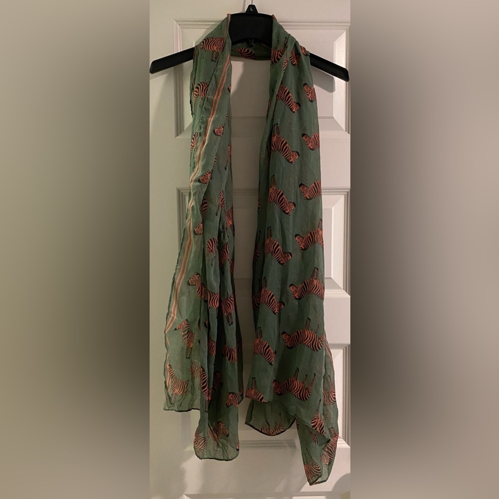 Green printed village scarf with pink zebras